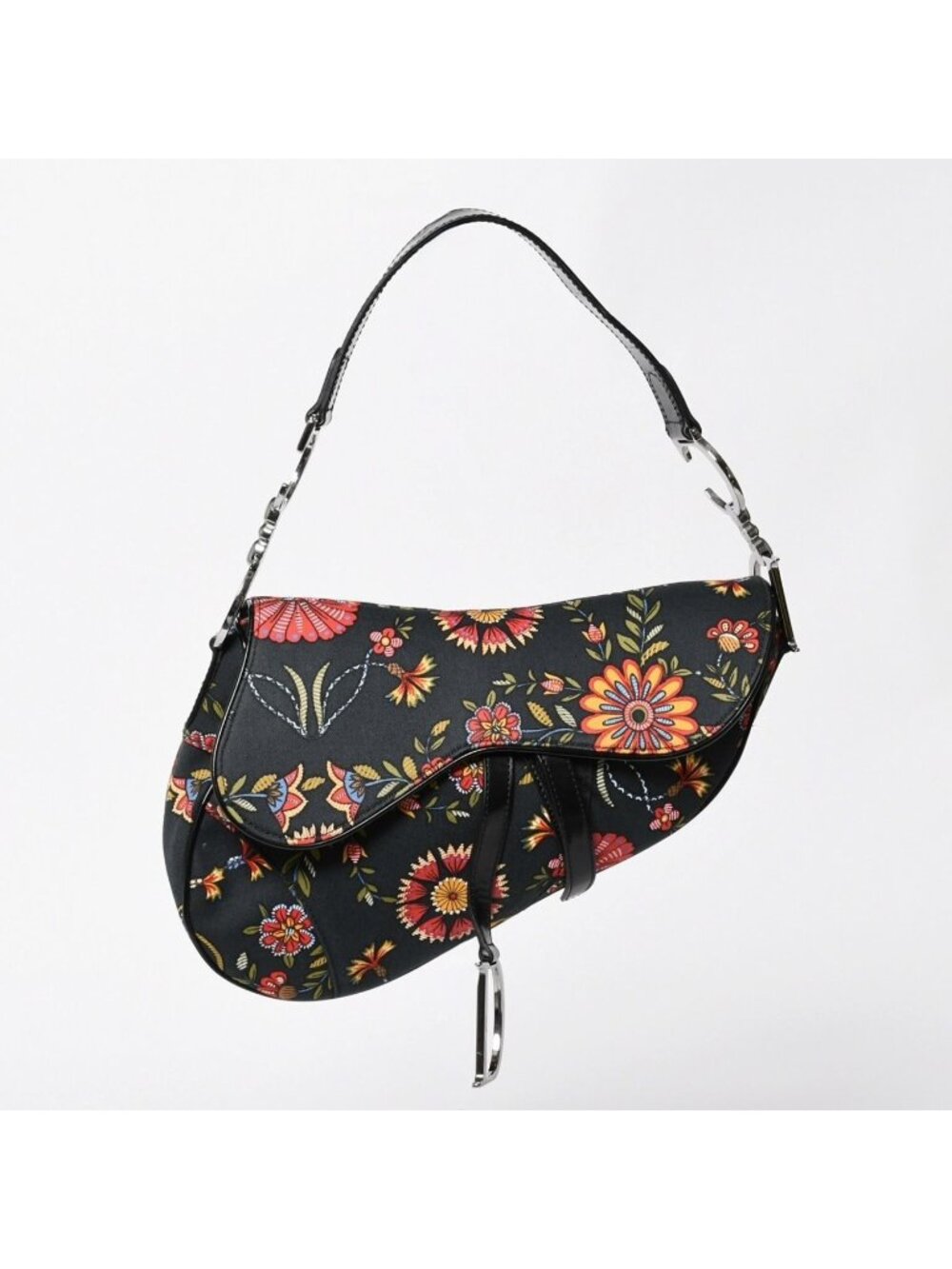 Dior Galliano Era Saddle Bag Canvas Leather Navy Black Multicolor Floral Pattern